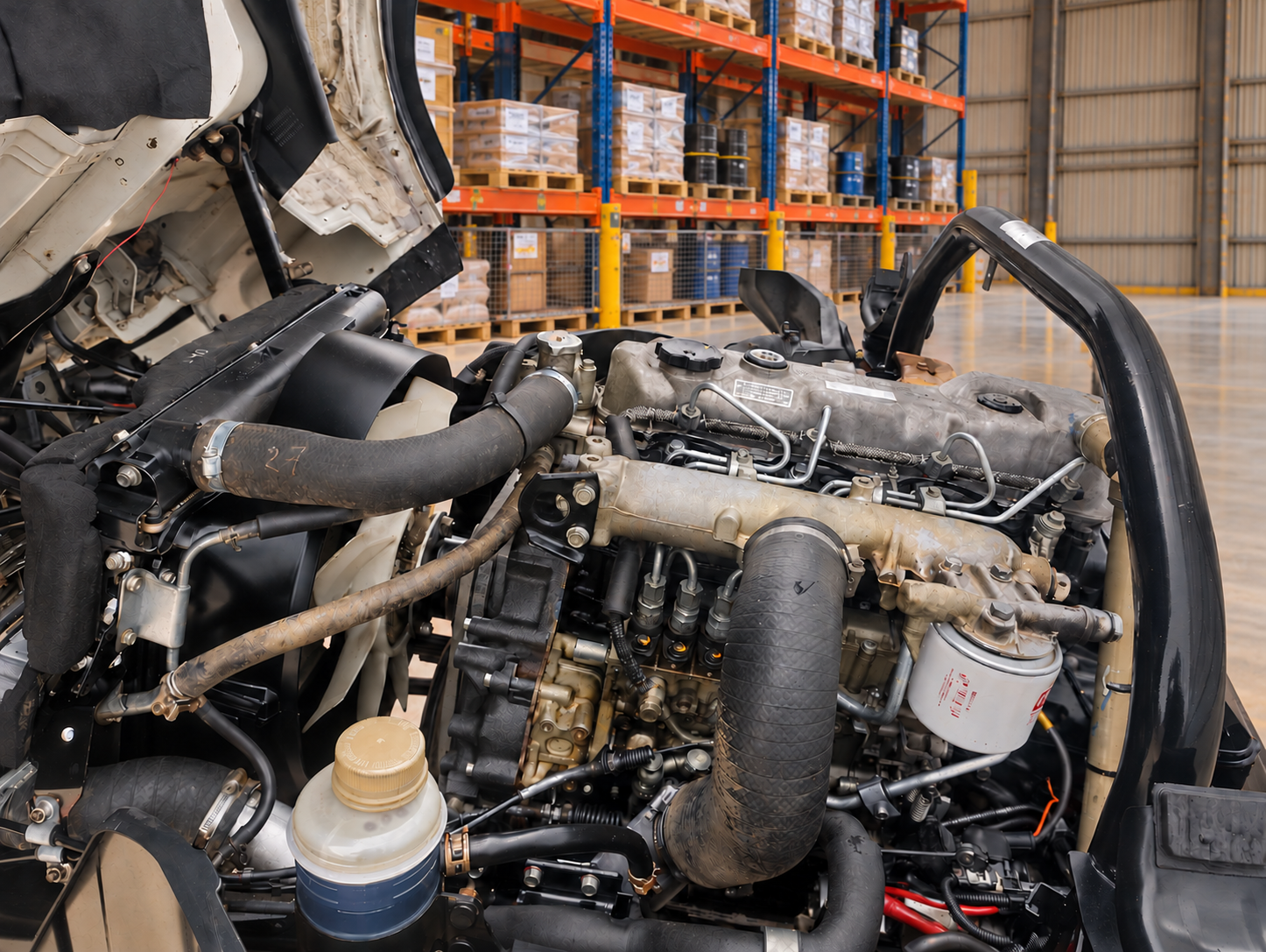 Primer plano del motor en almacén